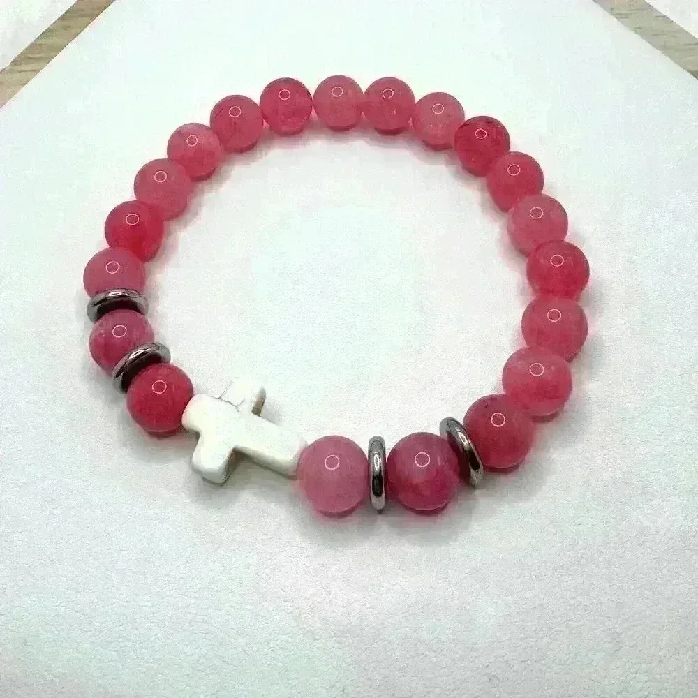 Bubble Gum Pink Beaded W/ White Cross Bracelet